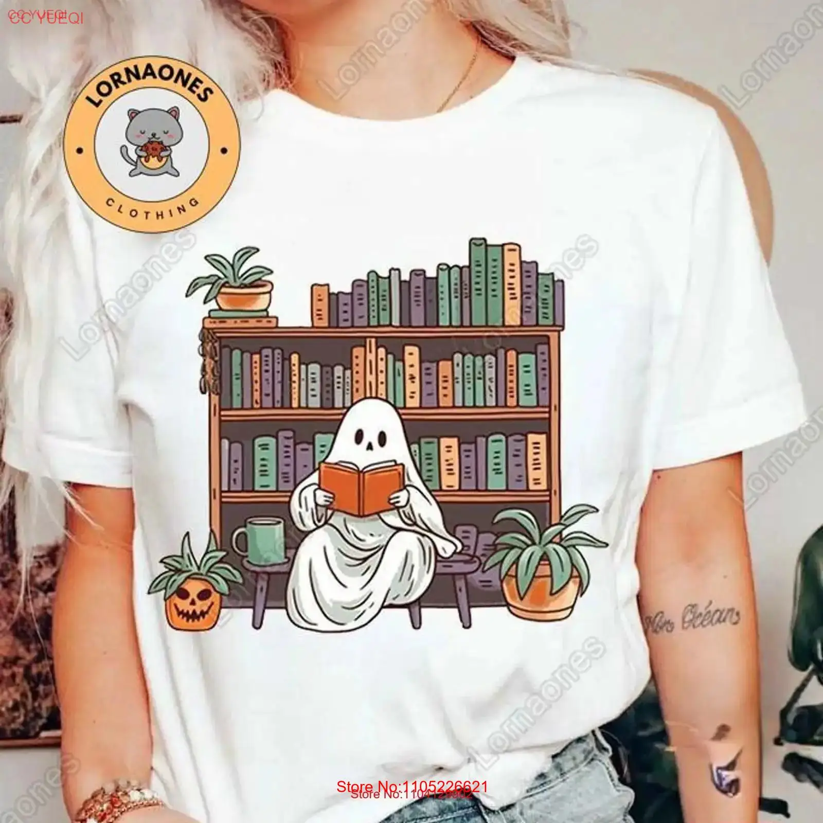 Vintage Fashion Library - 할로윈 고스트 티셔츠 독서 도서관 책