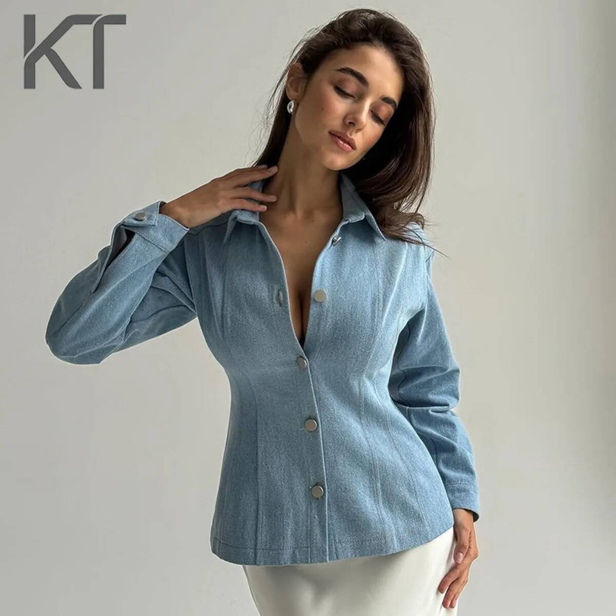 Vintage Women Fashion - KT 빈티지 허리 조절 데님 셔츠