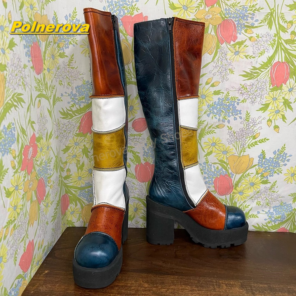 여성 레트로 패치워크 가죽 니하이 부츠 컬러 블록 청키 - Vintage Style Women Fashion 리뷰 및 가격