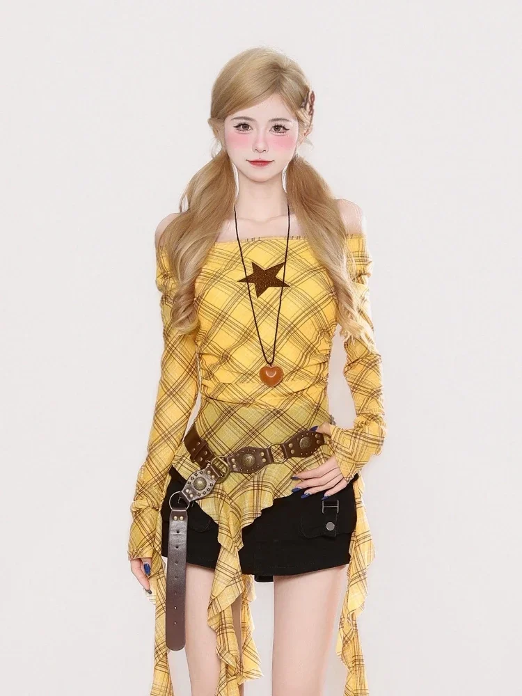 Y2K 플레이드 슬래시 넥 빈티지 여성용 티셔츠, 그런 - Vintage Women Fashion 리뷰 및 가격