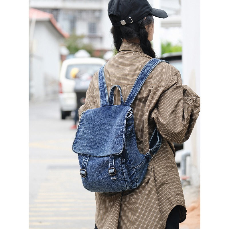 빈티지 데님 백팩 여성용 캐주얼 플랩 포켓 배낭 벨트  - Vintage Fashion Books 리뷰 및 가격